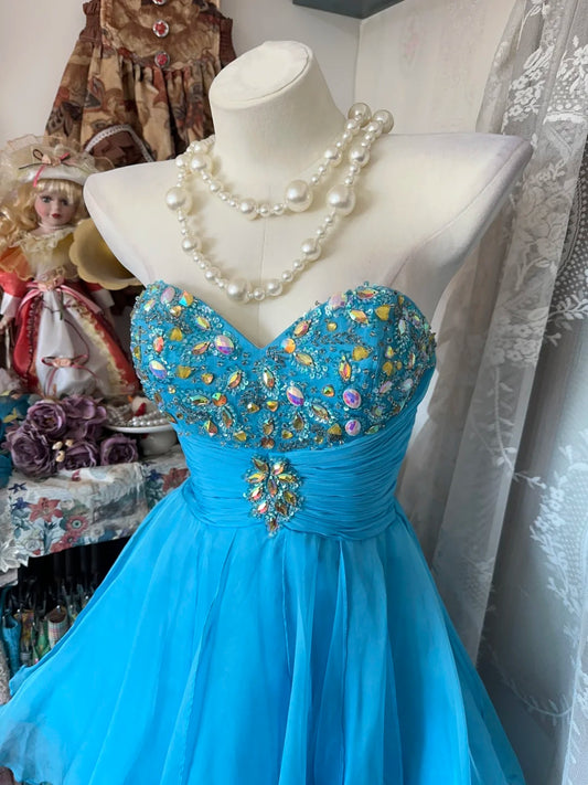 Dazzling Aqua Strapless Sweetheart Beaded Rhinestone Ruched Bodice High‑Low A Line Chiffon Short Homecoming Dress AS2361