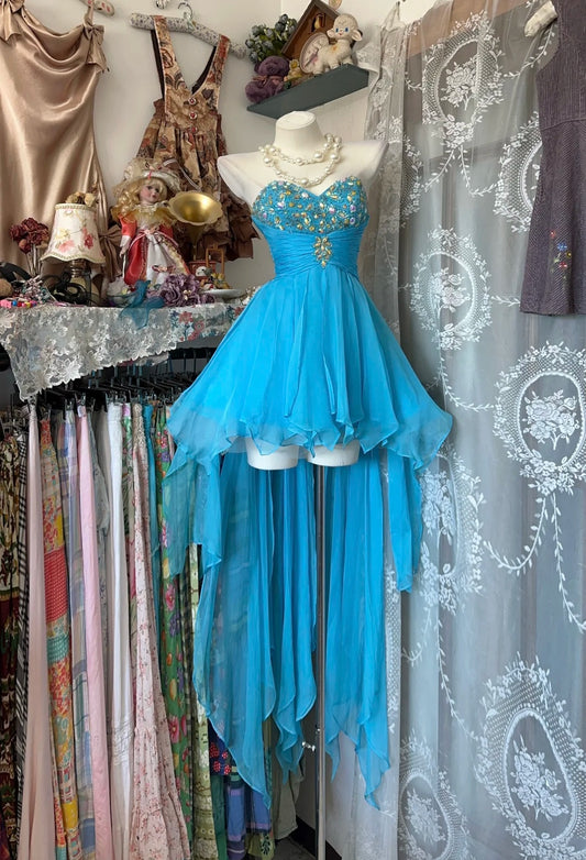 Dazzling Aqua Strapless Sweetheart Beaded Rhinestone Ruched Bodice High‑Low A Line Chiffon Short Homecoming Dress AS2361