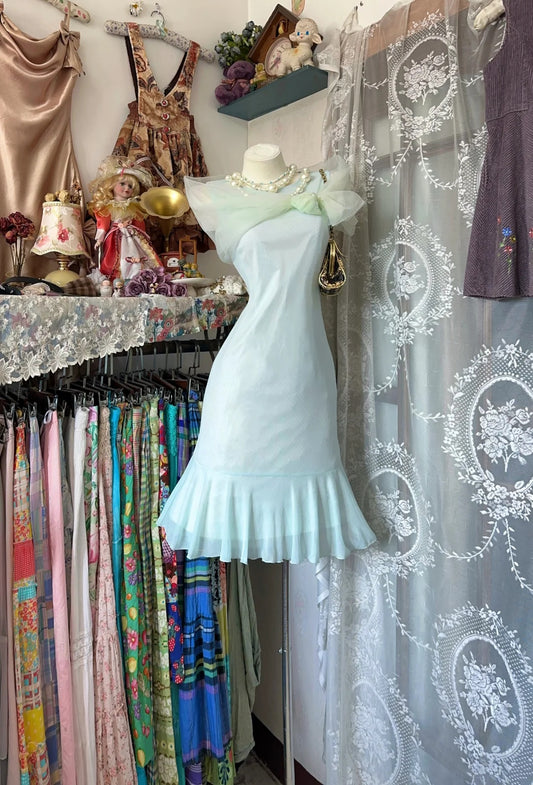 Delicate Mint Green Round Neck Sleeveless Big Sheer Bow Accent Ruffle Hem Mermaid Midi Homecoming Dress AS2362