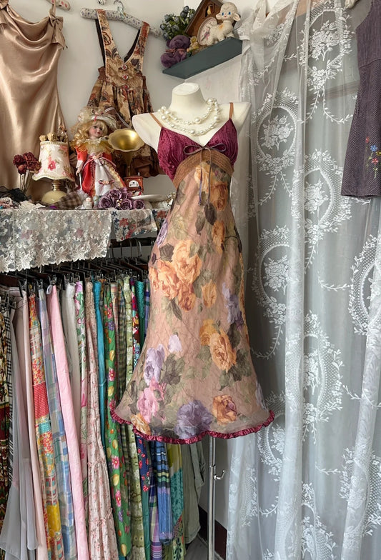 Romantic Burgundy Velvet Bodice Floral Print Spaghetti Strap Bow Detail Ruffle Hem Mermaid Midi Homecoming Dress AS2365