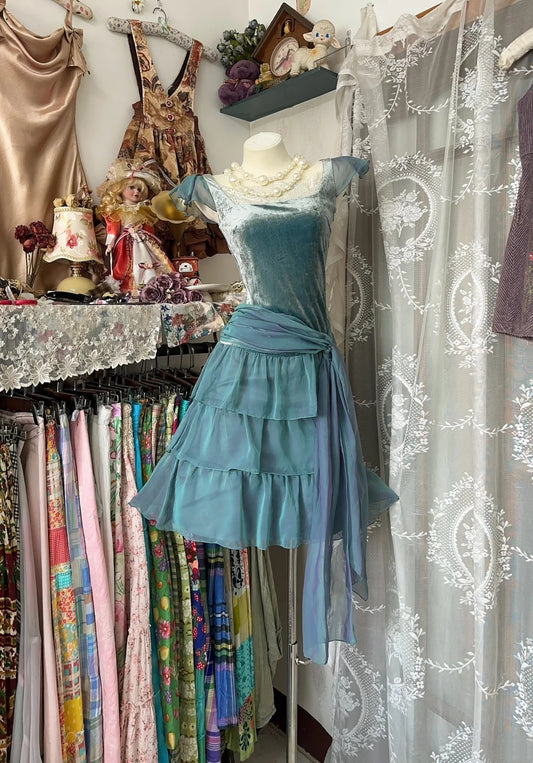 Enchanting Teal Velvet Square Neck Lace Trim Cap Sleeve Tiered Ruffle Chiffon Skirt Sash Tie Waist A Line Short Homecoming Dress AS2366