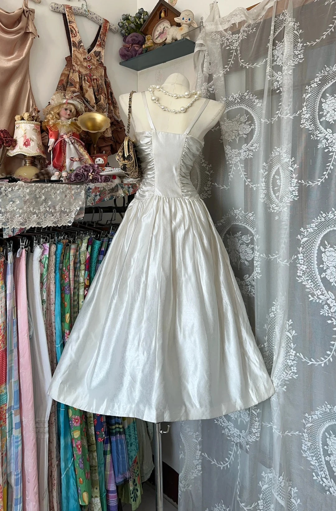 Shimmering Ivory Satin Spaghetti Straps Side Ruched A Line Midi Homecoming Dress AS2367