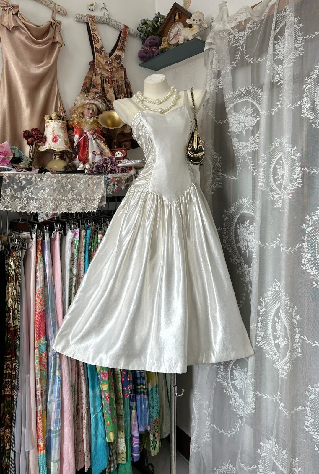 Shimmering Ivory Satin Spaghetti Straps Side Ruched A Line Midi Homecoming Dress AS2367