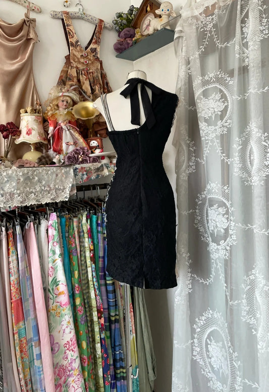 Eye‑Catching Black Lace Asymmetrical Strap Choker Neck Cut‑Out Mesh Sides Sequin Beaded Bodycon Short Homecoming Dress AS2368