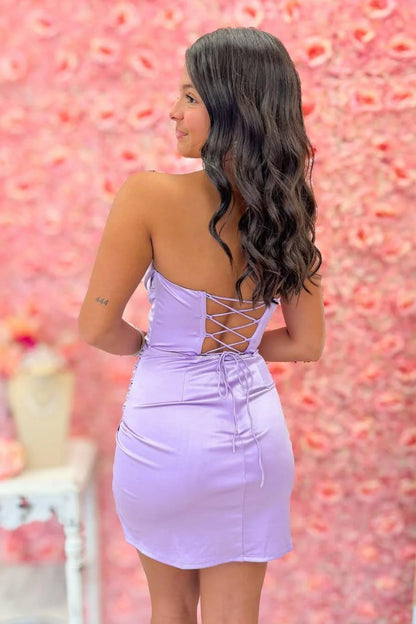 Strapless Lavender Satin Bodycon Lace Up Homecoming Dress With Side Slit AS237