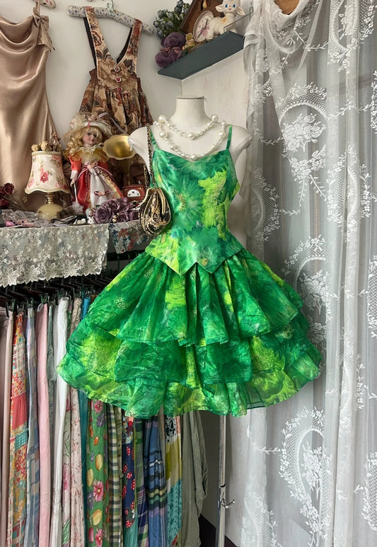 Eye‑Catching Green Floral Spaghetti Strap Corset Bodice Back Bows Tiered Ruffle A Line Short Homecoming Dress AS2371