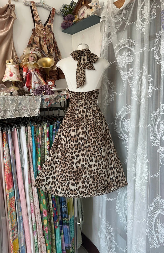 Glamorous Leopard Print Halter Neck Tie Bow A‑Line Midi Homecoming Dress AS2372