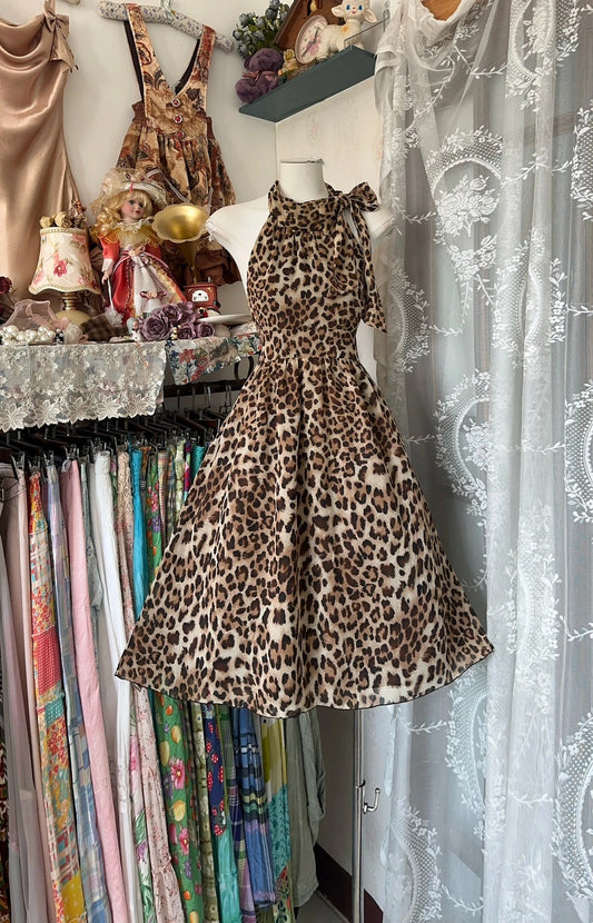 Glamorous Leopard Print Halter Neck Tie Bow A‑Line Midi Homecoming Dress AS2372