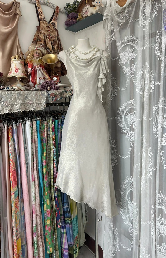 Luxurious Silver Shimmer Cowl Neck Ruffled Strap Sleeveless Midi Sheath Homecoming Dress AS2374
