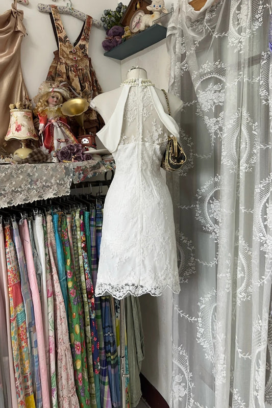 Exquisite White Lace Beaded Halter Neck Illusion Keyhole Bodycon Short Homecoming Dress AS2375