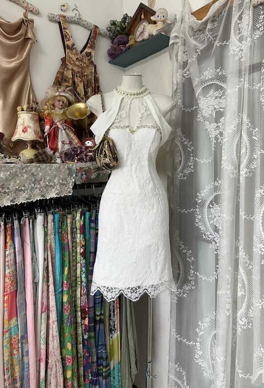 Exquisite White Lace Beaded Halter Neck Illusion Keyhole Bodycon Short Homecoming Dress AS2375