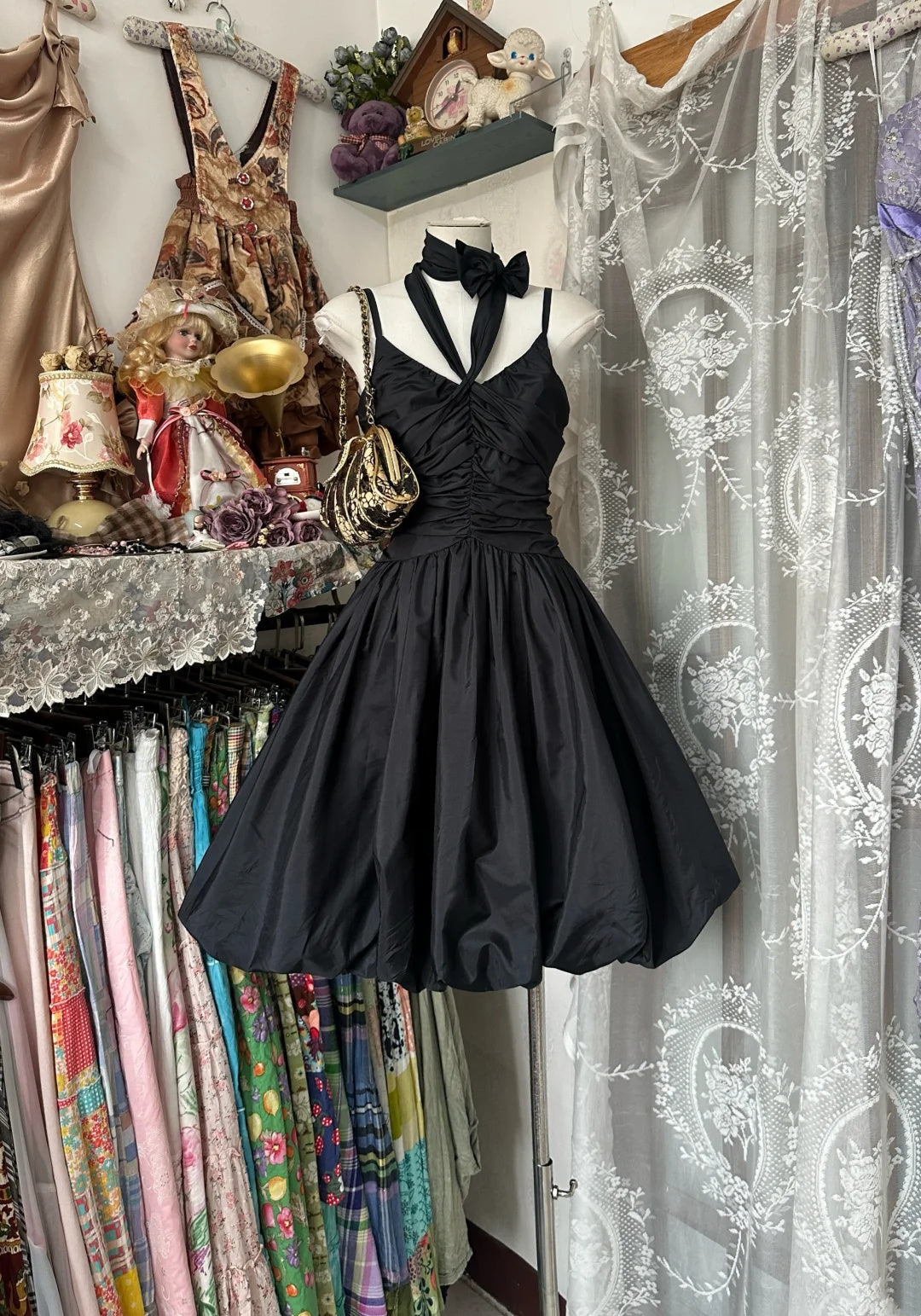 Chic Black Spaghetti Strap V‑Neck Large Front Bow Ruched Bodice Bubble Hem A Line Midi Homecoming Dress AS2376