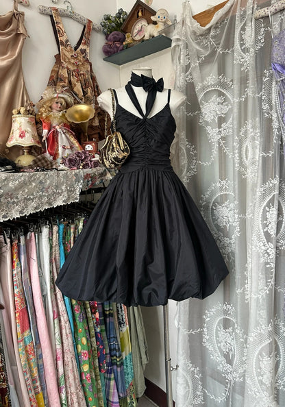 Chic Black Spaghetti Strap V‑Neck Large Front Bow Ruched Bodice Bubble Hem A Line Midi Homecoming Dress AS2376