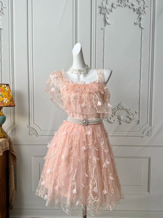 Romantic Peach Pink Asymmetrical Ruffle Neck 3D Floral Appliques A‑Line Short Homecoming Dress With Pearl Waist Belt AS2377