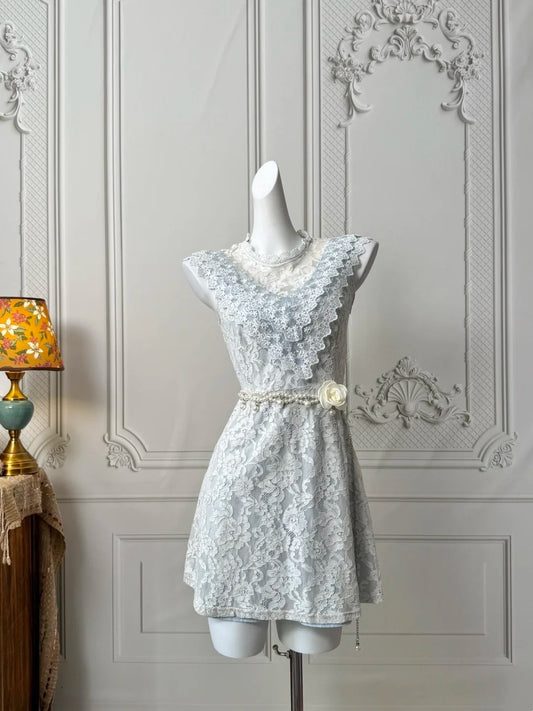 Delicate Soft Blue White Floral Lace Sleeveless High Neck A‑Line Short Homecoming Dress With Pearl Flower Waist Sash AS2378