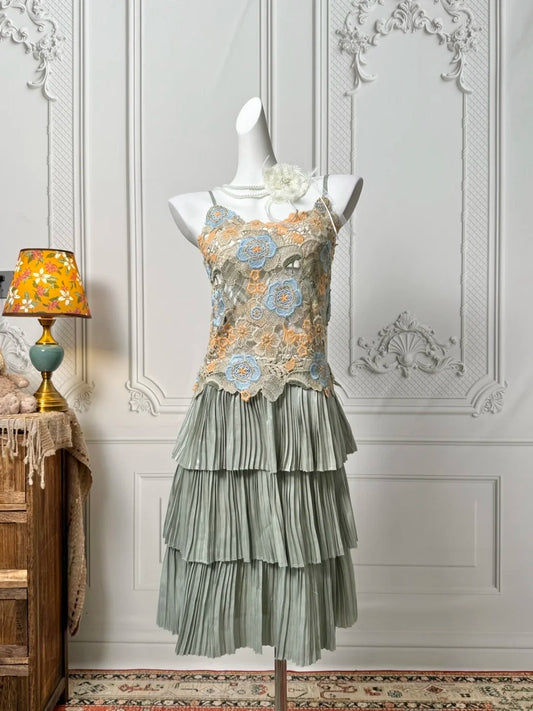 Delicate Sage Green Spaghetti Straps Colorful Floral Lace Bodice Tiered Pleated A Line Short Homecoming Dress AS2380