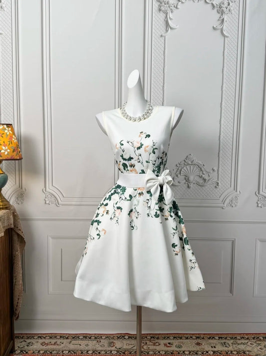 Classic Fresh White Satin Sleeveless Round Neck Floral Print A‑Line Short Homecoming Dress With Bow Waist Sash AS2381