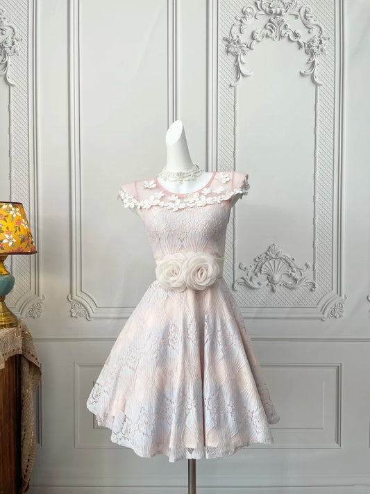 Sweet Pink Lace Sleeveless Round Neck Floral Applique A‑Line Short Homecoming Dress With Large Rose Waist Sash AS2382