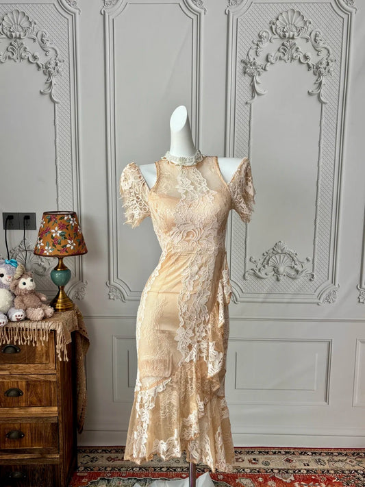 Glamorous Champagne Lace Cold‑Shoulder Short Sleeve High Neck Sheer Ruffled Mermaid Midi Homecoming Dress AS2385