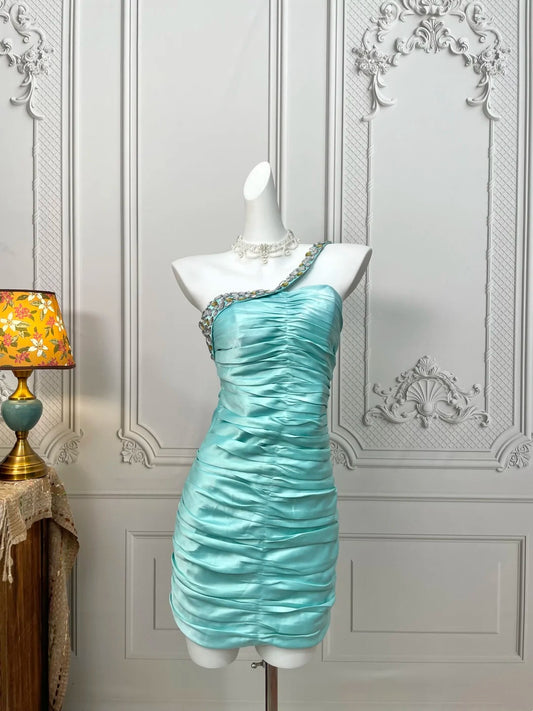 Stunning Turquoise Satin One‑Shoulder Beaded Strap Ruched Bodycon Short Homecoming Dress AS2386