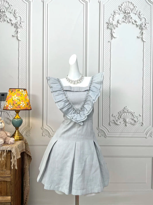 Lovely Dusty Blue Square Neck Ruffle Shoulder Rhinestone Trim Pleated A‑Line Short Homecoming Dress AS2388