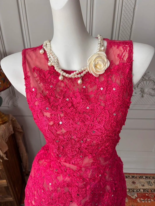 Vibrant Hot Pink Lace Sleeveless Round Neck Sequin Appliques A‑Line Short Homecoming Dress With Rhinestone Black Bow Waist Sash AS2390