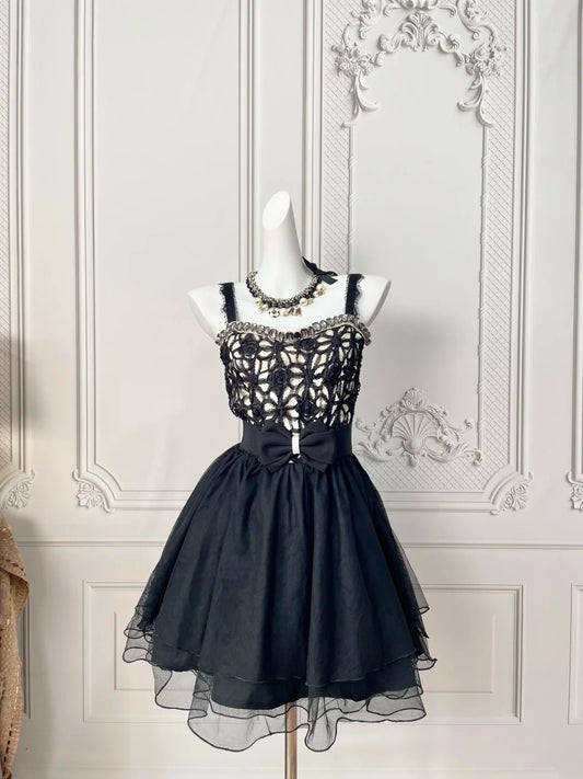 Edgy Black Straps Floral Lace Bodice Rhinestone Trim Tulle A‑Line Short Homecoming Dress With Bow Waist Sash AS2391