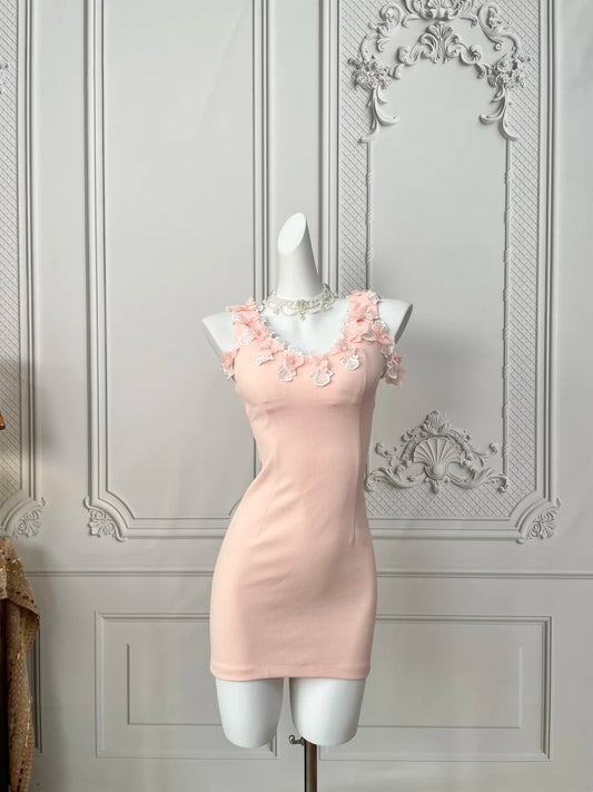 Sweet Blush Pink Sleeveless V Neck 3D Floral Applique Trim Bodycon Short Homecoming Dress AS2392