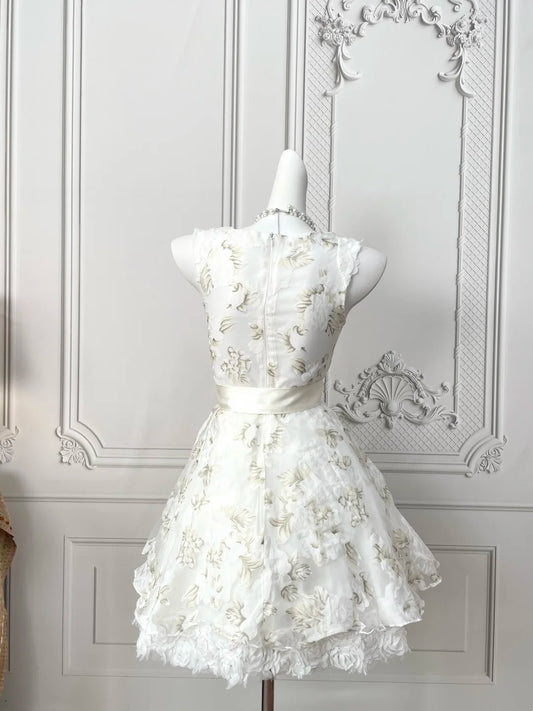 Romantic Ivory Floral Sleeveless Round Neck A‑Line Short Homecoming Dress With Waist Bow Sash AS2394