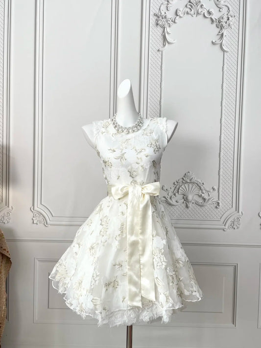 Romantic Ivory Floral Sleeveless Round Neck A‑Line Short Homecoming Dress With Waist Bow Sash AS2394