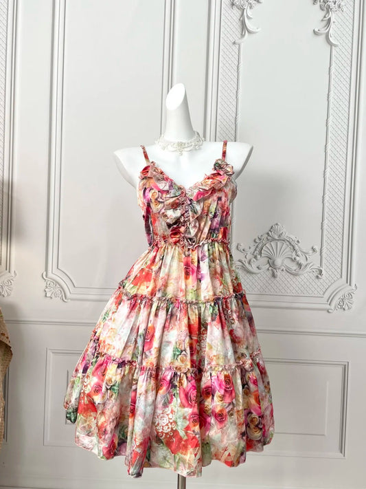Vivid Floral Print Spaghetti Straps V‑Neck Ruffled Tiered A‑Line Short Homecoming Dress AS2395