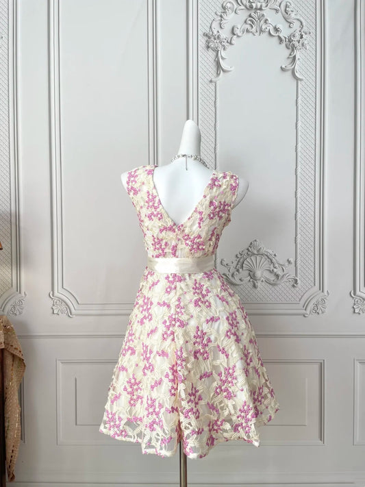 Dainty Ivory Sleeveless Round Neck Fuchsia Floral Embroidery A‑Line Short Homecoming Dress With Bow Waist Sash AS2396