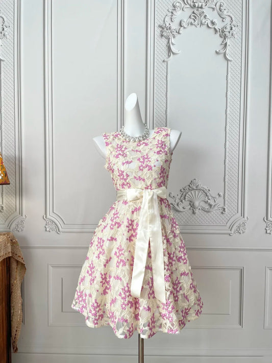 Dainty Ivory Sleeveless Round Neck Fuchsia Floral Embroidery A‑Line Short Homecoming Dress With Bow Waist Sash AS2396