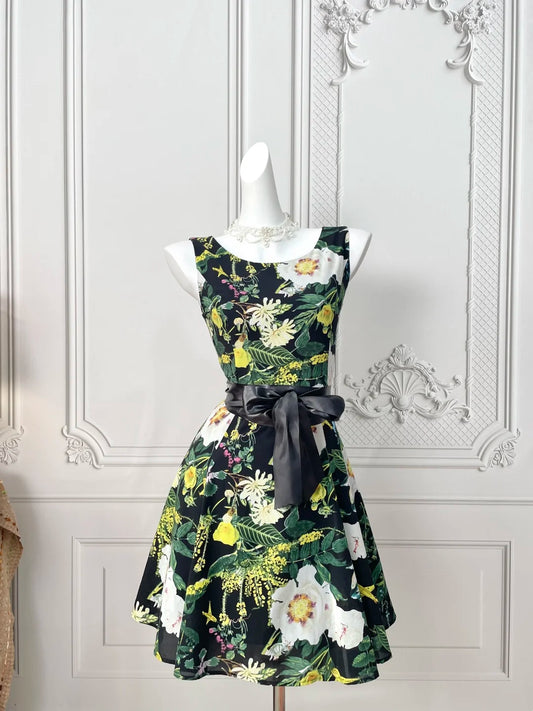 Striking Black Floral Print Sleeveless Round Neck A‑Line Short Homecoming Dress With Black Bow Waist Sash AS2397