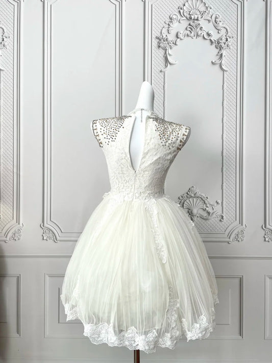 Opulent Ivory Lace U‑Neck Cap Sleeve Gold Silver Beaded Bodice Lace Appliques Tulle A‑Line Short Homecoming Dress AS2398