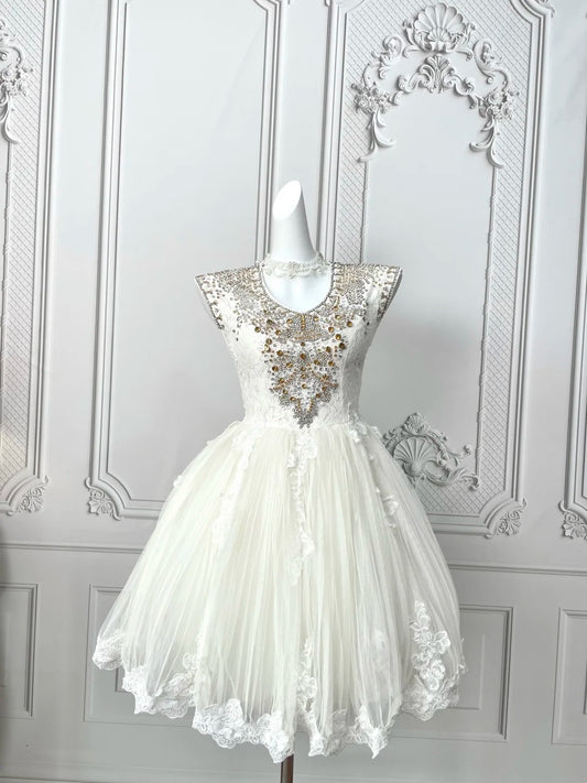 Opulent Ivory Lace U‑Neck Cap Sleeve Gold Silver Beaded Bodice Lace Appliques Tulle A‑Line Short Homecoming Dress AS2398