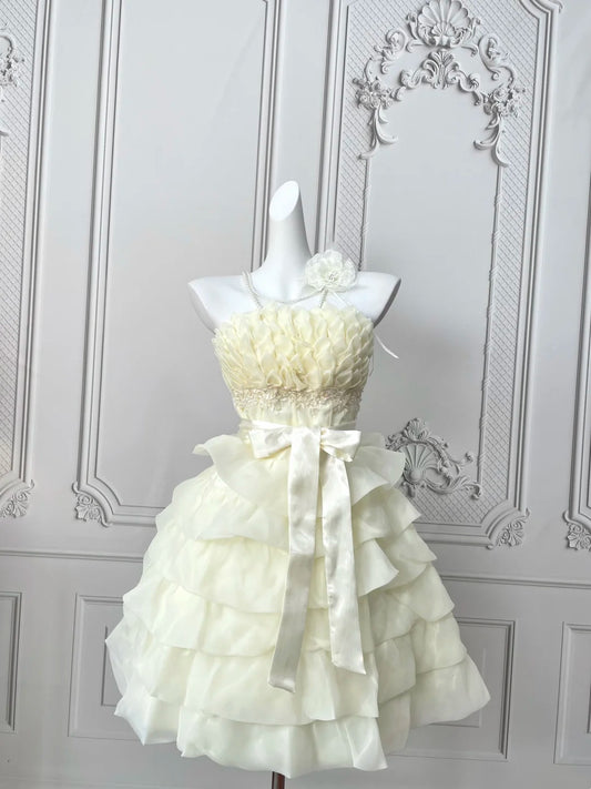 Elegant Ivory Strapless 3D Petal Ruffled Bodice Tiered Ruffle A‑Line Short Homecoming Dress With Waist Bow Sash AS2399