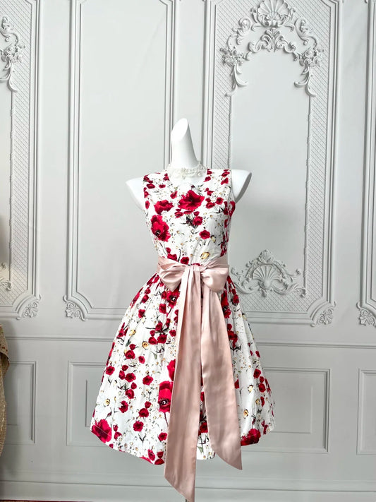 Vibrant White Red Floral Print Sleeveless Round Neck A‑Line Short Homecoming Dress With Bow Waist Sash AS2400