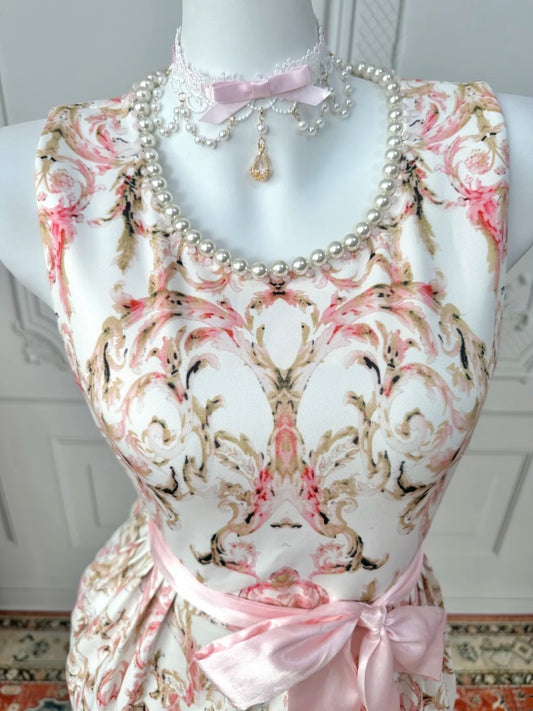 Dainty Ivory Baroque Scroll Print Sleeveless Pearl Round Neck Sheath Short Homecoming Dress With Bow Waist Sash AS2402