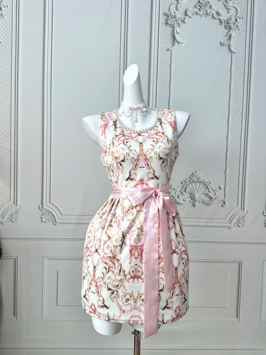Dainty Ivory Baroque Scroll Print Sleeveless Pearl Round Neck Sheath Short Homecoming Dress With Bow Waist Sash AS2402