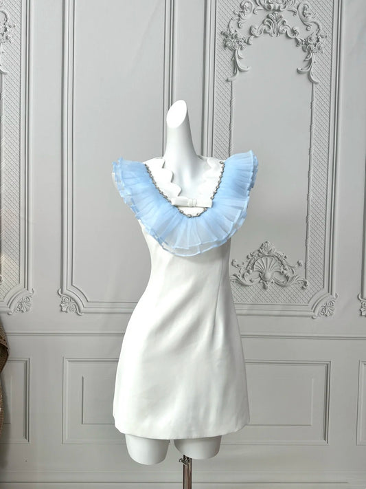Chic White Satin Contrast Light Blue Ruffled Organza V Collar Rhinestone Trim Bow Detail Sleeveless Bodycon Short Homecoming Dress AS2403