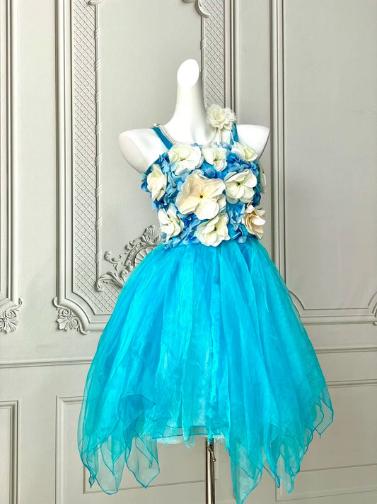 Vibrant Aqua Spaghetti Straps 3D White Blue Floral Appliques Handkerchief Hem A‑Line Short Homecoming Dress AS2405