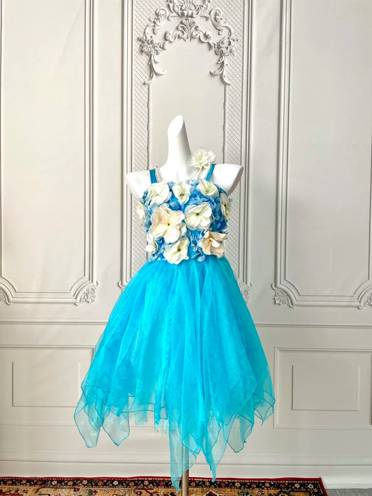 Vibrant Aqua Spaghetti Straps 3D White Blue Floral Appliques Handkerchief Hem A‑Line Short Homecoming Dress AS2405