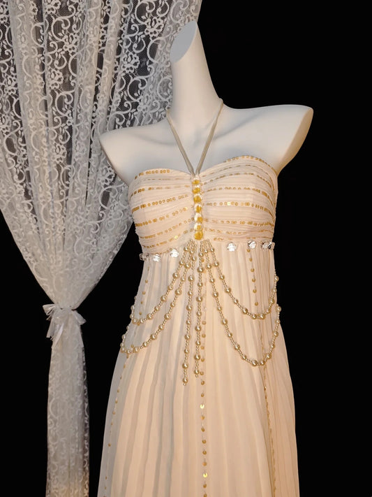 Exquisite Ivory Halter Gold Beaded Chain Sequin Empire Waist Pleated Chiffon A Line Short Homecoming Dress AS2406