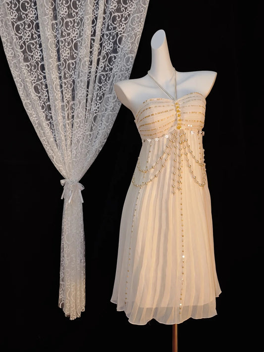 Exquisite Ivory Halter Gold Beaded Chain Sequin Empire Waist Pleated Chiffon A Line Short Homecoming Dress AS2406