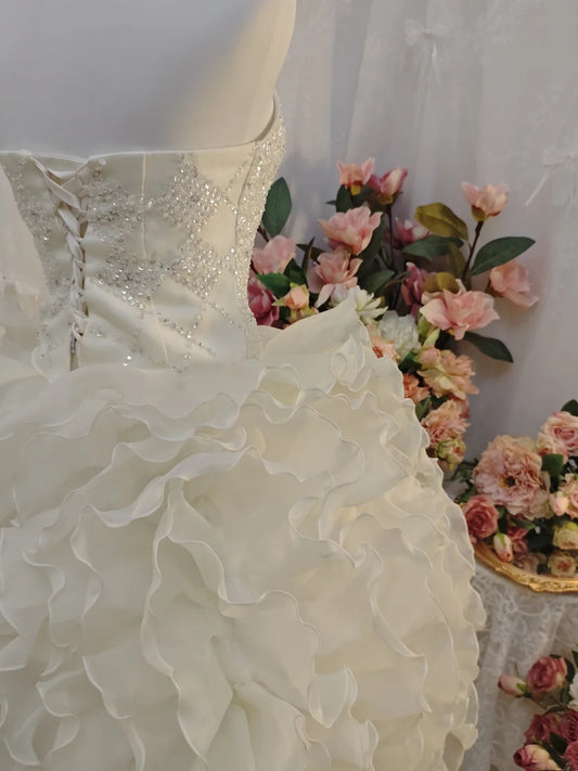 Sparkling Ivory Strapless Fully Sequin Beaded Bodice Floral Detail Multi‑Layer Ruffle Organza A‑Line Short Homecoming Dress AS2407