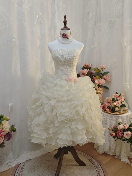 Sparkling Ivory Strapless Fully Sequin Beaded Bodice Floral Detail Multi‑Layer Ruffle Organza A‑Line Short Homecoming Dress AS2407