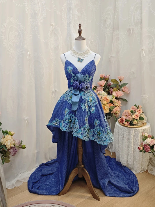 Exquisite Royal Blue Spaghetti Straps V‑Neck Lace Applique Beaded 3D Floral Bow High‑Low A‑Line Homecoming Dress With Chapel Train AS2408