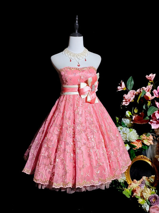 Sweet Pink Strapless Gold Lace Sequin Embroidery Rhinestone Large Contrast Bow A‑Line Short Homecoming Dress AS2409