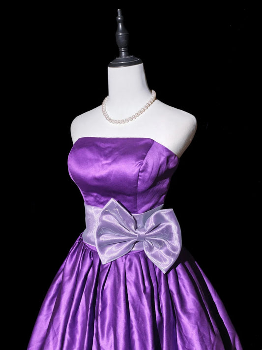 Elegant Purple Strapless Satin Contrast Lavender Satin Big Bow Waist Pleated Bubble A Line Skirt Short Homecoming Dress AS2410
